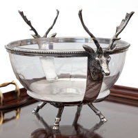 Antique Scottish Fruit Bowl with Stags Head Handles and Original Glass Liner