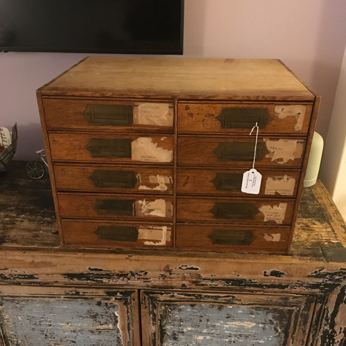 Antique Walnut Jewellers Cabinet with Ten Drawers and Military Style Handles