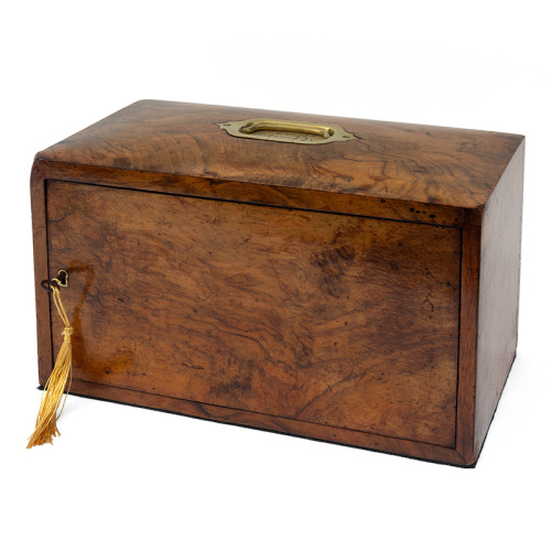 Rare Burr Walnut Locking Gentleman’s Cigar and Tobacco Box (c.1893)