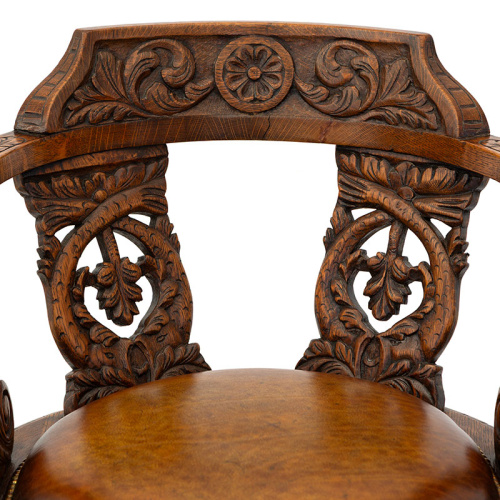 Heavily Carved Oak Ship's Chair with Inset Leather Seat