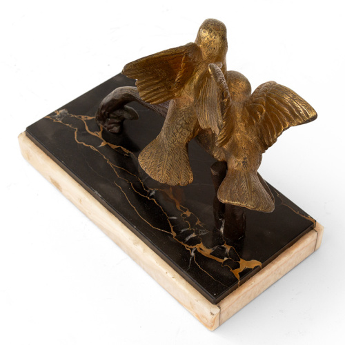 French Sculpture of a Pair of Bronzed Lovebirds on Marble Base
