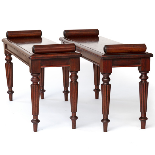 Pair of Mahogany Hall Benches with Reeded Legs and Bolster Ends