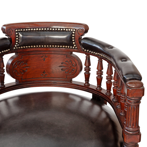 Antique Polished Mahogany Regency Style Office Chair Reupholstered in Faded Black Leather