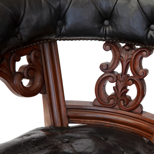 Antique Heavily Carved Walnut Library Chair with Original Leather Covering
