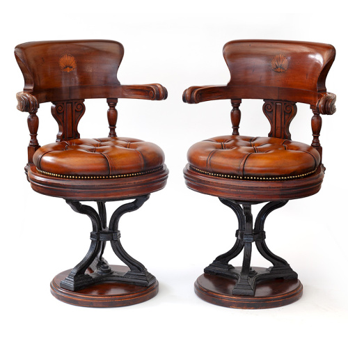 Rare Pair of Antique Satinwood Inlaid Mahogany Re-leathered Swivelling Ships Chairs (c.1900)