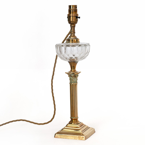 Rare small reeded brass Corinthian column table lamp with cut glass reservoir (c.1880)