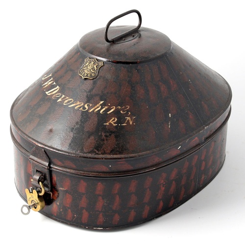 Gieves and Hawkes Tole Naval Hat Box with Brass Padlock and Key
