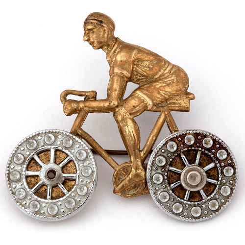Charming Pressed Brass Cycling Brooch with Working Wheels