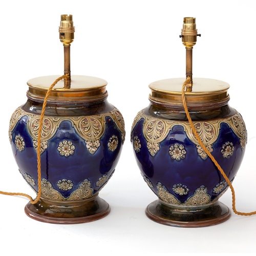 Rare Pair of Royal Doulton Tobacco Jars Converted into Lamps